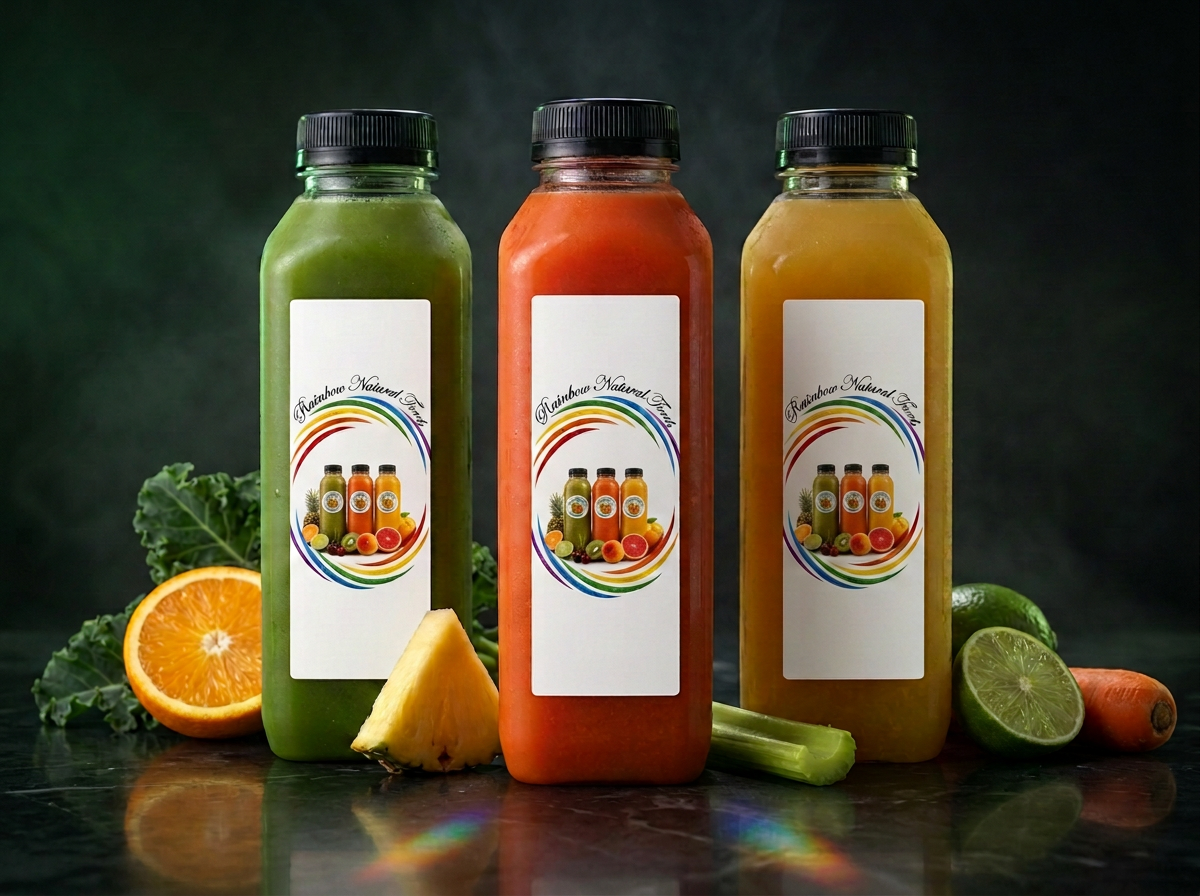Three 16 ounce bottles of freshly prepared Rainbow Natural Foods juice